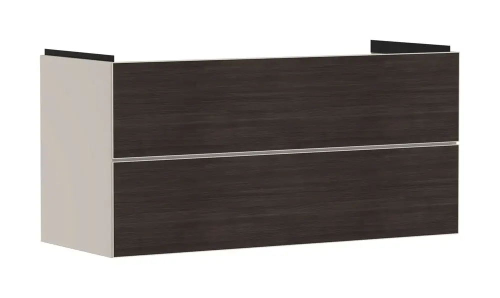 Waschtischunterschrank in Sandbeige mit zwei Schubkästen, hergestellt von Hansgrohe. Die Oberfläche ist matt und hat eine Holzoptik in dunklerem Farbton.